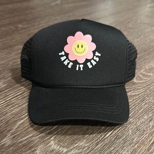 Black Trucker Hat with Smiley Flower